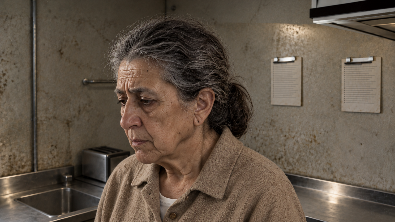 A generated kitchen production frame showing the older character in close-up