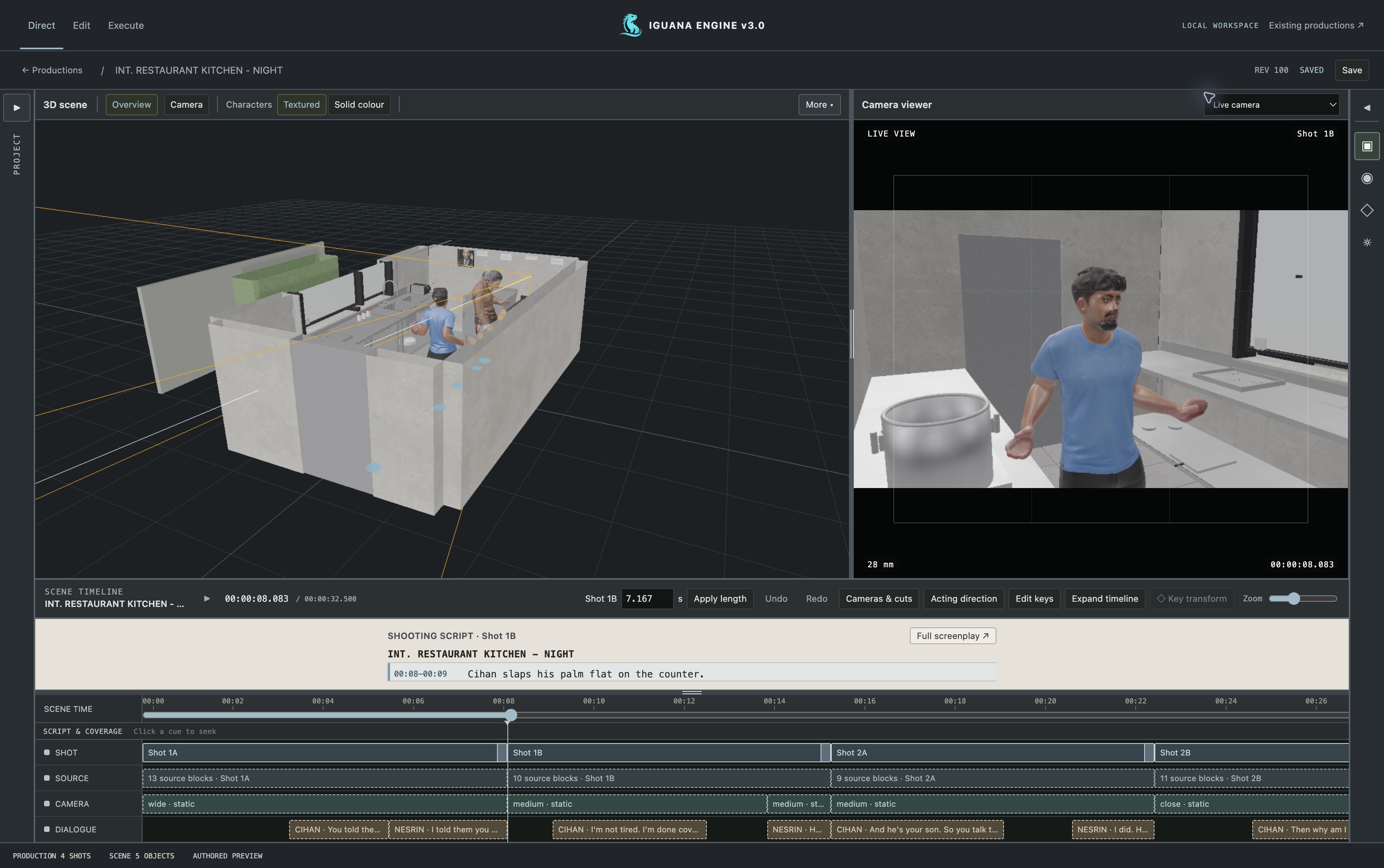 Iguana Engine v3 software workspace with the kitchen set, characters, camera preview, shooting script and scene timeline